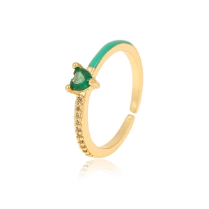 Adjustable gold ring featuring green heart zircon and enamel accents on white background