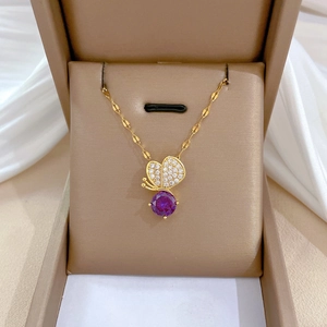 Elegant Butterfly Pendant Necklace With Purple Cubic Zirconia Stainless Steel Chain Copper Inlay Luxury Jewelry For Women