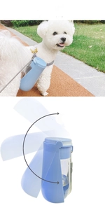 Detail of blue portable pet water bottle showing 180-degree folding trough for dogs