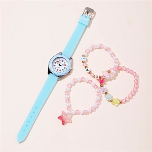 Detail of pink silicone quartz watch and beaded bracelets with star pendants for girls