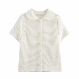 Short sleeve white knit cardigan with Peter Pan collar and wavy texture in flat lay