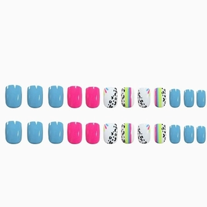 24pcs short square press-on nails with blue pink solids and leopard stripe designs