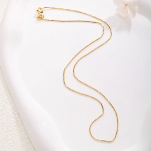 Detailed view of a gold-plated box chain necklace with lobster clasp on a white plate