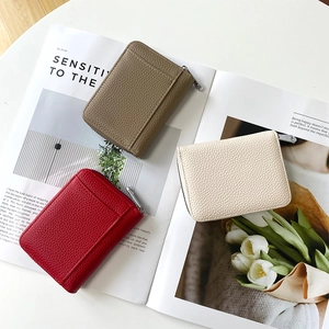 Japanese style accordion card wallet in red, beige and khaki lychee pattern leather