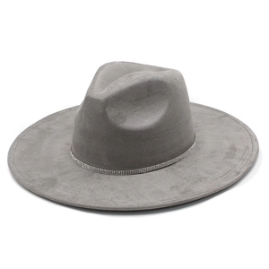 Classic grey wide brim fedora hat with sparkling rhinestone band and suede texture