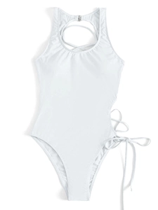 Detail of white one-piece swimsuit featuring hollow back and crisscross lace-up straps