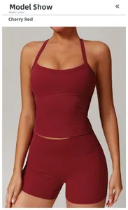 Women's cherry red yoga set featuring a strapless sports vest and high waist shorts