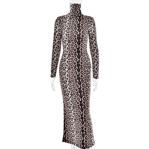 Slim fit leopard print maxi dress with long sleeves and high neck for women