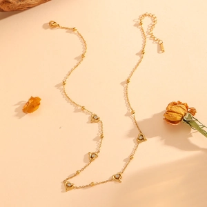 Gold stainless steel heart pendant necklace with rhinestones and beaded chain jewelry