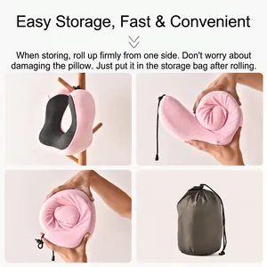 Cuscino da viaggio a forma di U in memory foam rosa con sacca compatta portaoggetti