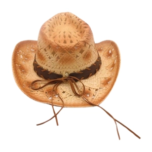 Classic western style straw cowboy hat with brown leather band and woven chin strap