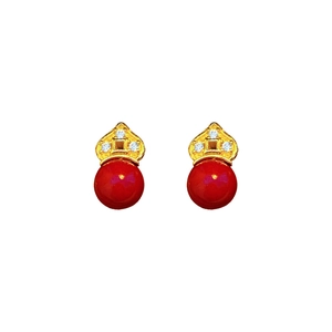 Elegant red floral stud earrings with gold finish and diamond accents for women