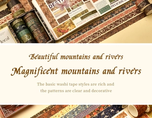 Detail showing vintage landscape washi tape rolls used for creative scrapbooking crafts