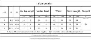 Detailed size chart with US and EU measurements for lace mesh lingerie skirt set
