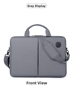 Gray business laptop bag featuring vertical zipper pocket and padded adjustable shoulder strap