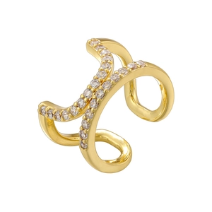 Close-up of double layered gold ear cuff with white zircon stones on white background