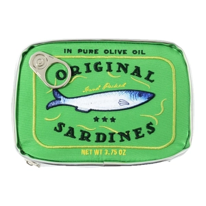 Creative sardine tin shaped embroidered storage bag with vintage green sardine pattern