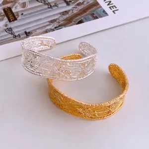 Vintage gold and silver plated mesh texture open cuff bracelets for women