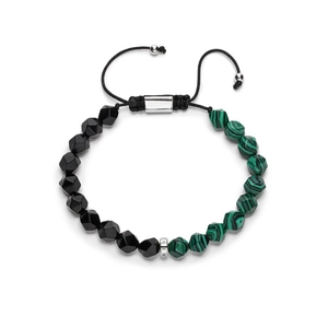 Bracelet tissé ajustable avec perles d'onyx et malachite et curseur en métal argenté