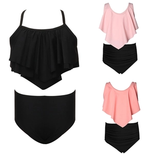 Maillot De Bain Fille Haut A Volants Taille Haute Bas Fronce Couleur Unie Bikini En Nylon