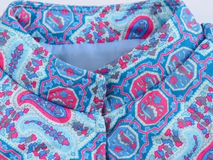 Detail of quilted collar with blue geometric and paisley patterns on padded cotton jacket