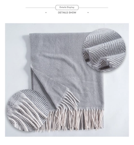 Detail showing the gray herringbone pattern weave and long cream fringe of the scarf