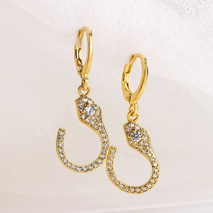 18K gold plated copper snake earrings with sparkling cubic zirconia on white background