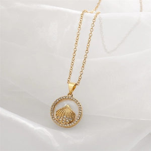 Detail of round gold pendant with white shell center and sparkling zircon halo
