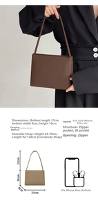 Detail showing deep brown leather square bag dimensions and adjustable shoulder strap