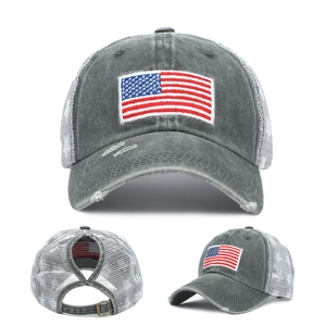 Detailed views of gray washed ponytail baseball cap with US flag patch and mesh back