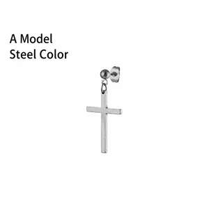 Minimalist silver steel stud earrings featuring a cross pendant and small ball chain design