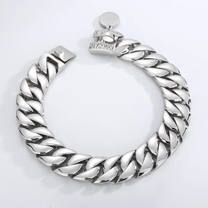 Polished silver stainless steel Cuban dog chain collar detail with engraved lettering