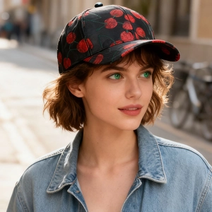 Woman wearing a black baseball cap with red cherry embroidery in a sunny street setting