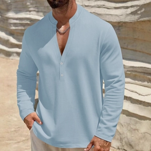 Men's light blue casual cotton linen shirt with short sleeves and a stand collar