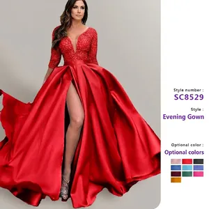 Women Elegant V Neck Long Sleeve Sequined Lace Satin Evening Gown High Slit Floor Length Party Prom Dress Polyester Formal Wear