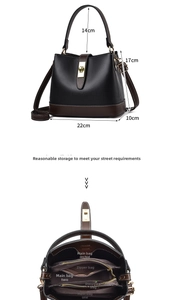 Detail view of contrast color bucket bag showing dimensions and three-layer inner structure