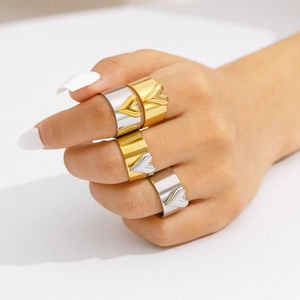 Minimalist stainless steel wide rings with 3D heart accents in gold and silver tones
