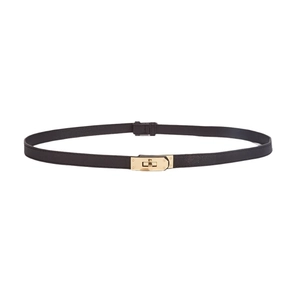 Slim black leather belt with golden Kelly-style lock and adjustable waist for dresses