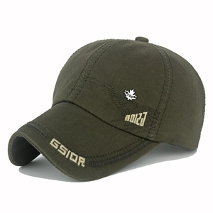Detail of olive cotton baseball cap with GSIOR embroidery and metal maple leaf badge