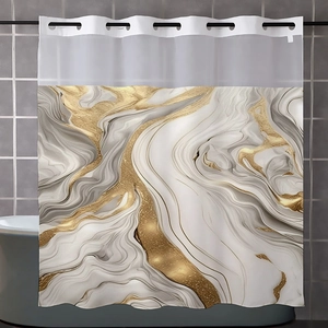 Detail of waterproof shower curtain with marble pattern and gold veins with metal eyelets