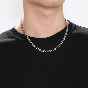 Close-up of minimalist silver titanium steel NK chain necklace worn by a fashion model