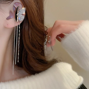 Silver butterfly ear cuff with sparkling rhinestones and long chain tassels for women