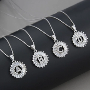 Silver A, B, C, D letter necklaces with zircon crystal pendants in a round design