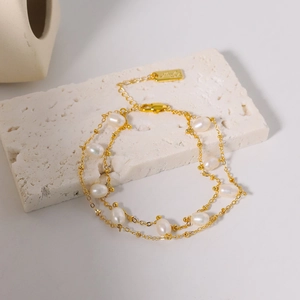 Double Layer Freshwater Pearl Bracelet 18K Gold Plated Minimalist Elegant Chain Bracelet For Women Fashion Jewelry Gift