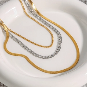 Three-layer 18K gold and silver stainless steel snake and figaro chain necklace set