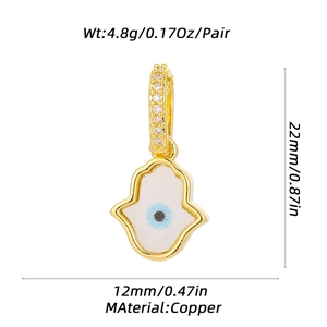 Detailed size specifications for golden copper Hamsa Hand charm with blue evil eye inlay