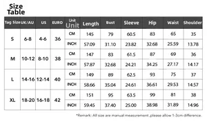 Size chart for Y2K style long sleeve dress showing measurements in CM and INCH