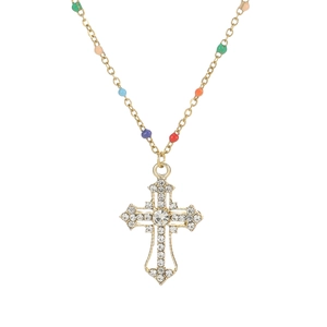 Gold stainless steel cross necklace with colorful beads and crystal stones for women