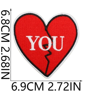 Detailed dimensions of heart-shaped embroidery patch with YOU text and broken design