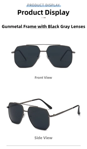 Front and side view of classic double-bridge gunmetal sunglasses with dark grey lenses